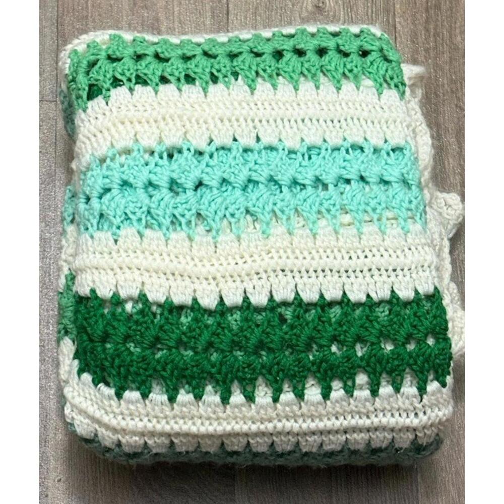 Vintage  Shades Of Green Crochet Knit Afghan Throw Grandma Handmade Approx 4’x7’ - Picture 2 of 6